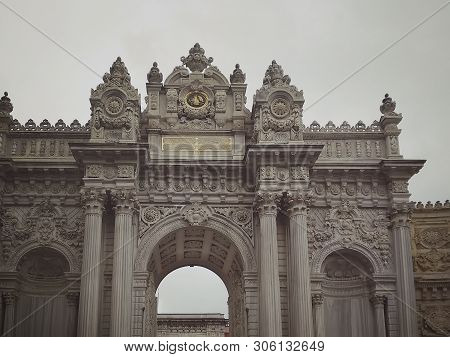 Istanbul, Turkey - September 25, 2018. Fragment Of The Main Gate Of The Dolmabahche Palace Complex O
