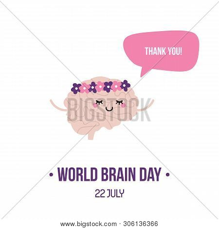 Vector Illustration For World Brain Day With Cute Cartoon Style Brain Character In Floral Wreath, Sm