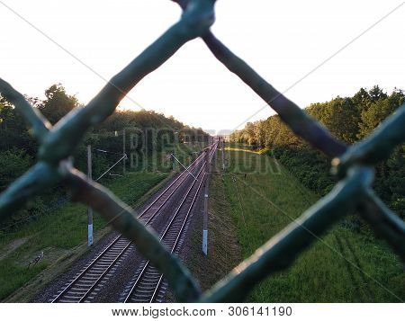 Railway In The Woods. View From Iron Mesh. Spying On A Passing Train. Natural Greenery Outside The C