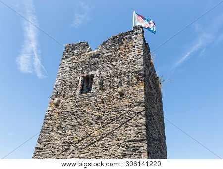 Brandenbourg, Luxembourg - August 22, 2018: Flag At Tower Medieval Ruin Of Brandenbourg In Luxembour