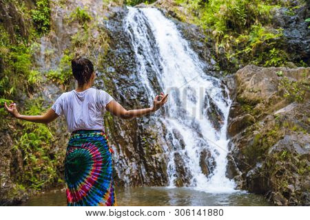 Asian Women Relax In The Holiday. Play If Yoga.  Play If Yoga At Waterfall On The Moutain. Exercise,