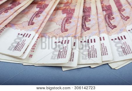 Stack Of Banknotes, Many Banknotes Of Five Thousand Russian Rubles As A Background, Packed Stack Of 