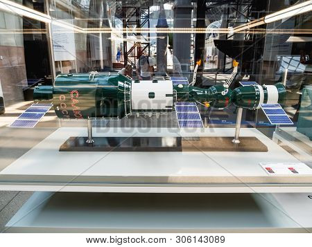 Moscow, Russia - June 08, 2019. Model Of Salyut Orbital Station. Pavilion Space And Transport. Exhib
