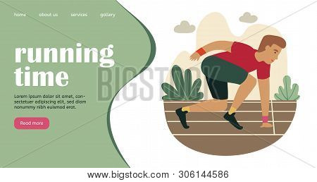 Running Time Landing Page. Cartoon Sprinter Ready To Sprint On Starting Line In Park. Creative Websi