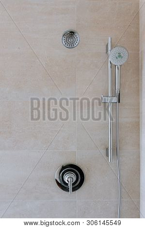Bathroom, Close-up Wall New Shower Head In The Elegant Stainless Steel Shower Head