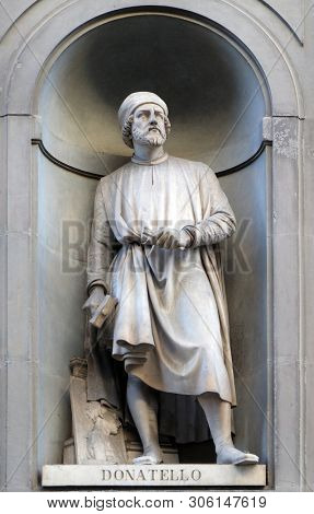 FLORENCE, ITALY - JANUARY 11, 2019: Donatello, statue in the Niches of the Uffizi Colonnade in Florence, Italy