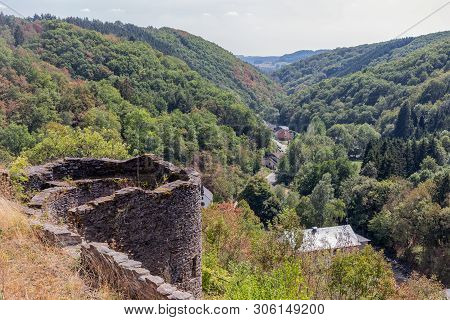 Medieval Ruin Of Brandenbourg Castle At Hill In Luxembourg Ardennes 70 Meter Above Village Of Brande