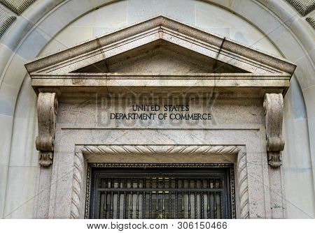 Washington Dc, United States - May 6, 2019 Main Entrance Herbert Hoover Building Commerce Department