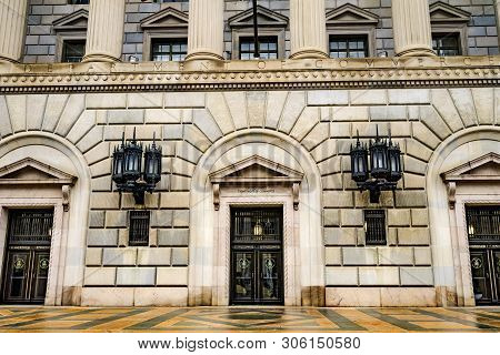 Washington Dc, United States - May 6, 2019 Main Entrance Herbert Hoover Building Commerce Department