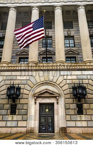 Washington Dc, United States - May 6, 2019 Main Entrance Herbert Hoover Building Commerce Department