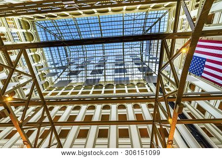 Washington Dc, United States - May 6, 2019 American Flag Interior Old Post Office Building Pennsylva