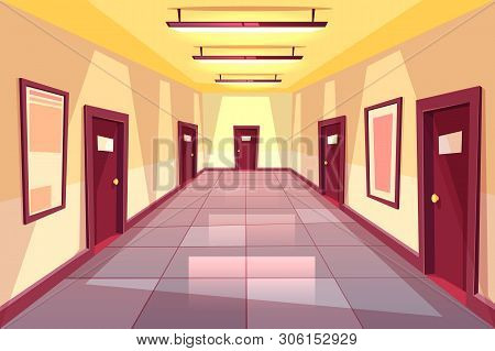 Cartoon Hallway, Corridor With Many Doors - College, University Or Office Building. The Bright Place
