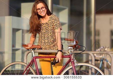 Girl With Bicycle  Lock. Bicycle U- Lock