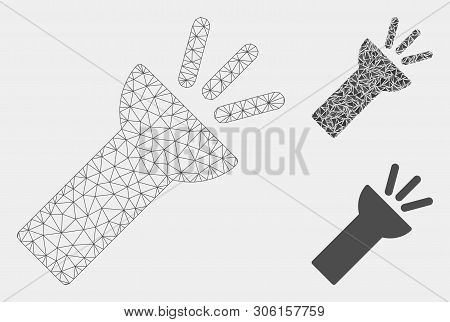 Mesh Electric Torch Light Model With Triangle Mosaic Icon. Wire Frame Triangular Mesh Of Electric To