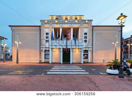 Townhall In In Caorle Italy In Sunset Time. Front View.