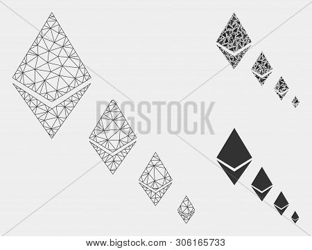 Mesh Ethereum Crystal Defaltion Model With Triangle Mosaic Icon. Wire Frame Polygonal Mesh Of Ethere