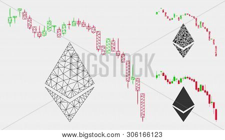 Mesh Ethereum Fall Chart Model With Triangle Mosaic Icon. Wire Carcass Triangular Mesh Of Ethereum F