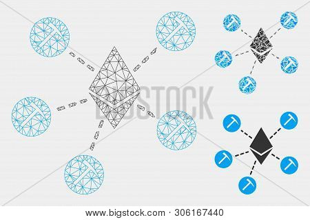 Mesh Ethereum Mining Pool Model With Triangle Mosaic Icon. Wire Carcass Triangular Mesh Of Ethereum 