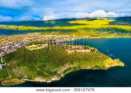 Aerial View Of Samuels Fortress And Plaosnik At Ohrid In North Macedonia
