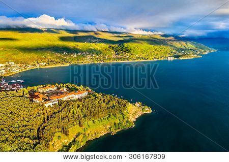 Aerial View Of Plaosnik, An Archaeological Site And Holy Place In Ohrid, North Macedonia