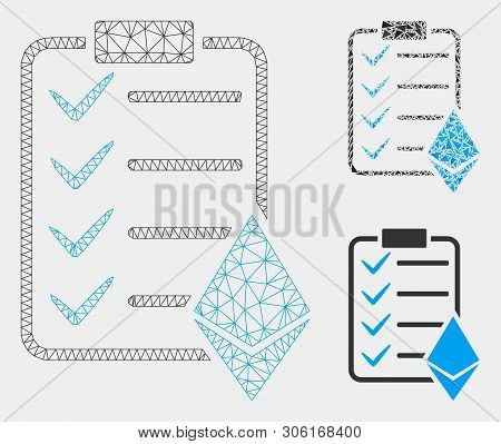 Mesh Ethereum Smart Contract Model With Triangle Mosaic Icon. Wire Frame Polygonal Mesh Of Ethereum 