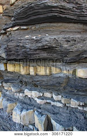 East Quantoxhead Beach In Somerset. The Limestone Pavements Date To The Jurassic Era And Are A Parad