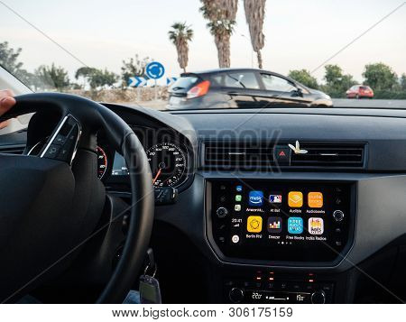 Palma De Mallorca, Spain - May 8, 2018: Digital Display Dashboard Of Modern New Seat Car Using Apple