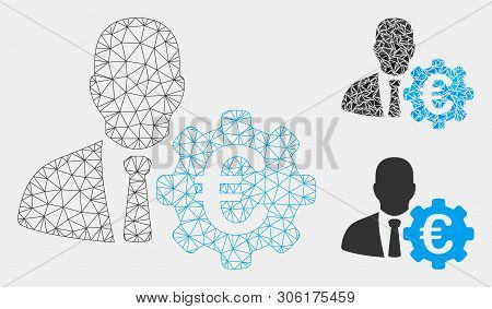 Mesh Euro Economist Model With Triangle Mosaic Icon. Wire Frame Polygonal Mesh Of Euro Economist. Ve