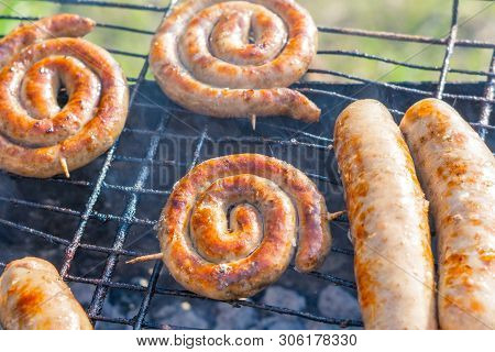 Fried Twisted Sausages Kupaty Grilled Cooking On The Grill