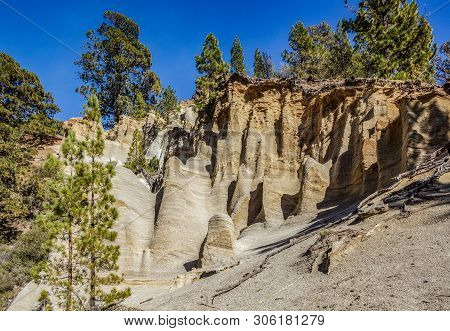 Amazing Lunar Landscape With Fantastic Rock Formations Paisaje Lunar. Canarian Pine Forest, Clear Br