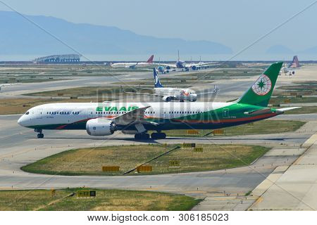 Osaka, Japan - Apr 19, 2019. B-17882 Eva Airways Boeing 787-9 Dreamliner Taxiing On Runway Of Kansai