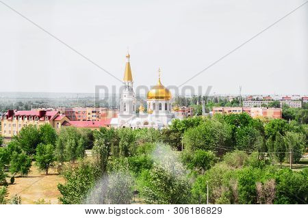 Volzhsky, Russia - Jun 01, 2019: Russian Temple Top View Of The City City Volzhsky Volgograd Region