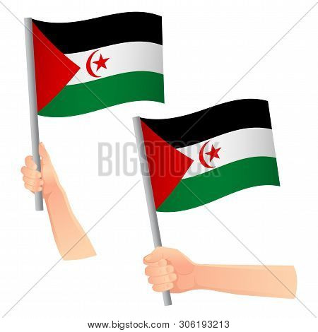 Sahrawi Arab Democratic Republic Flag In Hand. Patriotic Background. National Flag Of Sahrawi Arab D