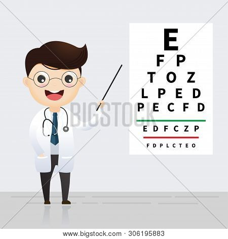 Ophthalmology Concept. Oculist Pointing At Eye Test Chart. Eyesight Examination And Correction. Vect