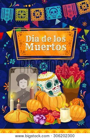 Mexican Day Of The Dead Altar With Vector Sugar Skull. Dia De Los Muertos Holiday Tombstone, Marigol