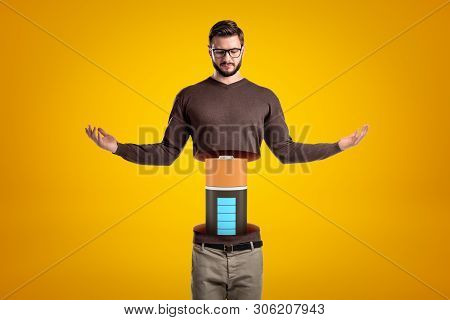 Front View Of Young Hadsome Man Doing Meditation Gesture, His Body Cut At Waist And Upperbody Lifted