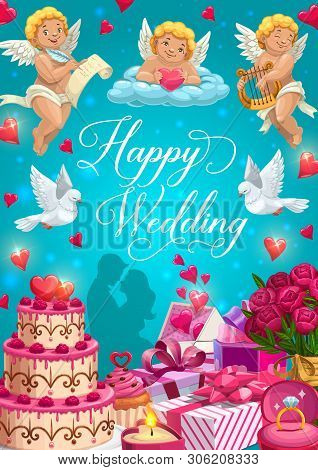 Happy Wedding Vector Greeting Card With Bride, Groom, Rings And Gifts. Chocolate Cake, Rose Flower B