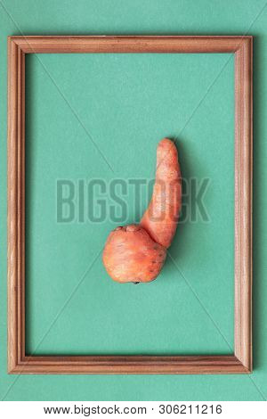 Ugly Food. Strange Deformed Carrot On Green Background In A Wooden Frame. Misshapen Produce, Food Wa