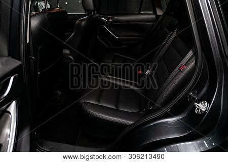 Novosibirsk, Russia - June 11, 2019:  Mazda Cx-5, Close-up Of The Black Leather  Rear Seats With Sea