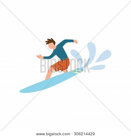 Young Man In Red Shorts Surfing On The Ocean Wave