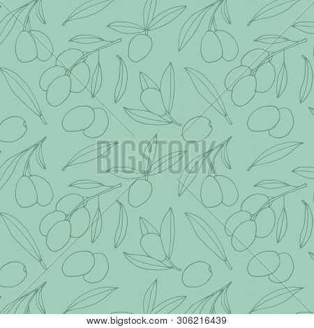 Olive Branches Hand Drawing Pattern. Vector Oliva Oil Background.