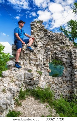Visitor At Ruins Of Castle Zniev, Slovakia