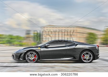 Kiev, Ukraine - June 9, 2013; Gray Ferrari F430 In Motion. Editorial Photo.