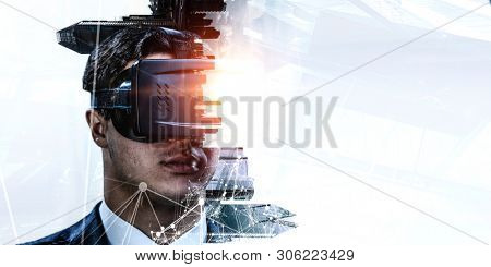 Abstract image of virtual reality experience, a man in VR glasses