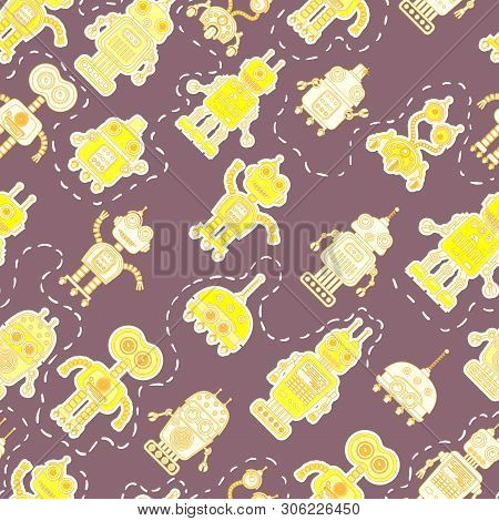Vector Seamless Background With Colorful Illustration Of Cute Robots. Can Be Used For Wallpaper, Pat