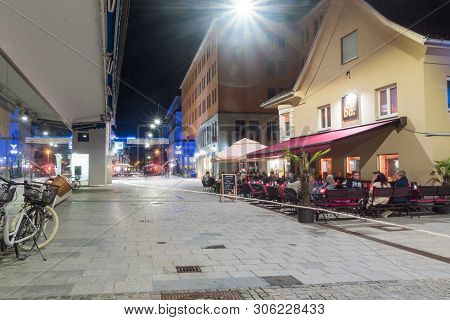 Bregenz, Austria - May 31, 2019: Night View Of Alley With Restaurant In City Center Of Bregenz.