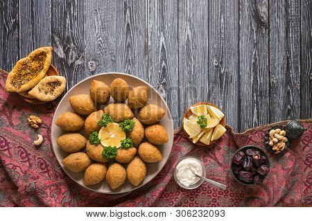 Arabic Meat Appetizer Kibbeh. Traditional Arabic Kibbeh With Lamb And Pine Nuts.