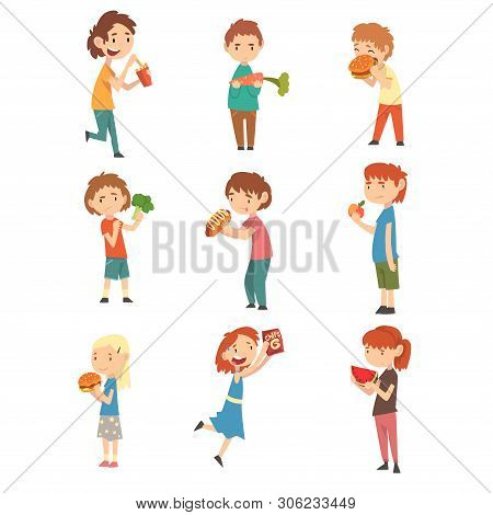 Cute Children Do Not Like Vegetables And Fruits Set, Boys And Girls Enjoying Eating Of Fast Food Vec