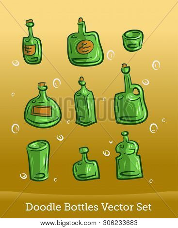 Doodle Bottle Set Isolated On Orange Background. Vector