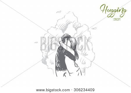 Girlfriend And Boyfriend Hugging Outdoor, Young Man And Woman On Romantic Date, Valentine Day Celebr